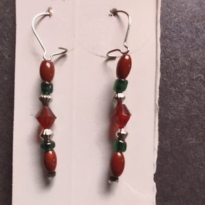 Handmade earrings red and green glass beads silver tone earrings